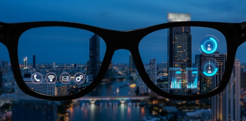 A visual representation of AI integration in a pair of glasses.